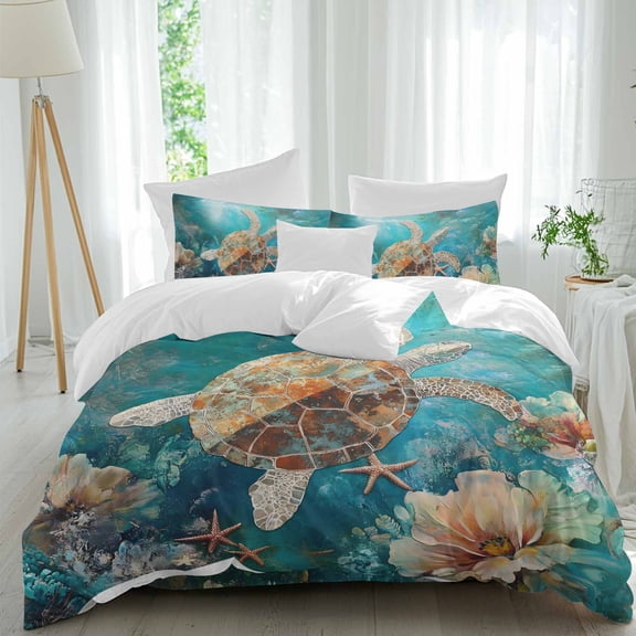 Queen 4 Piece Bedding Set Ocean Submarine Coral Turtle Starfish Soft Breathable Duvet Cover and Pillowcase,Undersea Creatures Duvet Cover Set Washable Bed Sheets for Bedroom Dormitory Guest Room