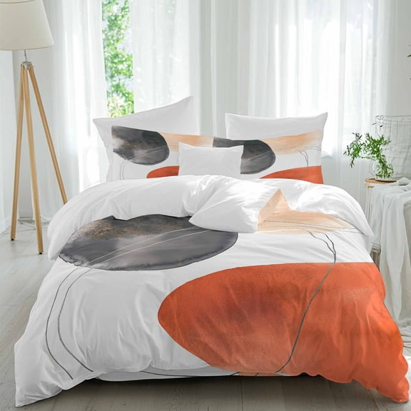 Queen 4 Piece Bedding Set Orange Color Block Abstract Geometric Soft Breathable Duvet Cover and Pillowcase,Boho Nordic Style Duvet Cover Set Washable Bed Sheets for Bedroom Dormitory Guest Room