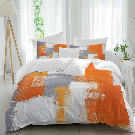 Queen 4 Piece Bedding Set Orange Watercolor Oil Painting Art Soft Breathable Duvet Cover and Pillowcase,Gray Gradient Graffiti Style Duvet Cover Set Bed Sheets for Bedroom Dormitory Guest Room