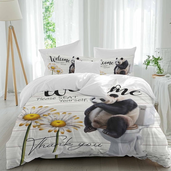 Queen 4 Piece Bedding Set Panda Sitting on The Toilet Soft Breathable Duvet Cover and Pillowcase,Farm Flower Retro Wood Grain Duvet Cover Set Washable Bed Sheets for Bedroom Dormitory Guest Room