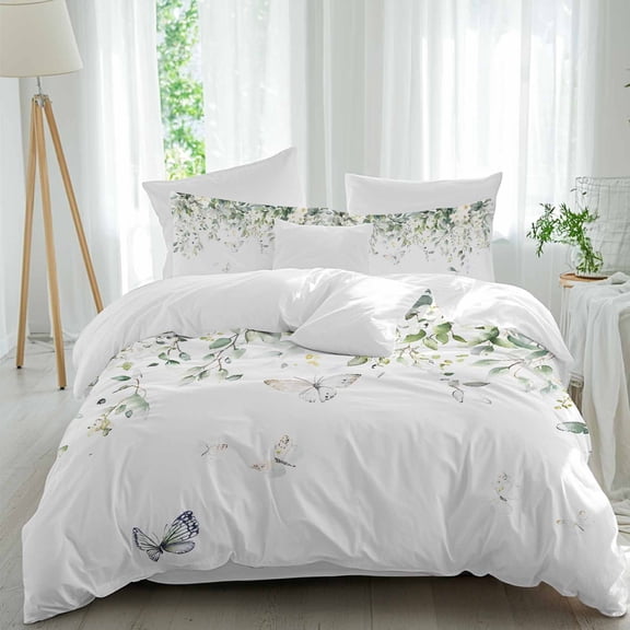 Queen 4 Piece Bedding Set Pastoral Butterfly Watercolor Leaves Soft Breathable Duvet Cover and Pillowcase,Green Eucalyptus Leaves on White Duvet Cover Set Bed Sheets for Bedroom Dormitory Guest Room