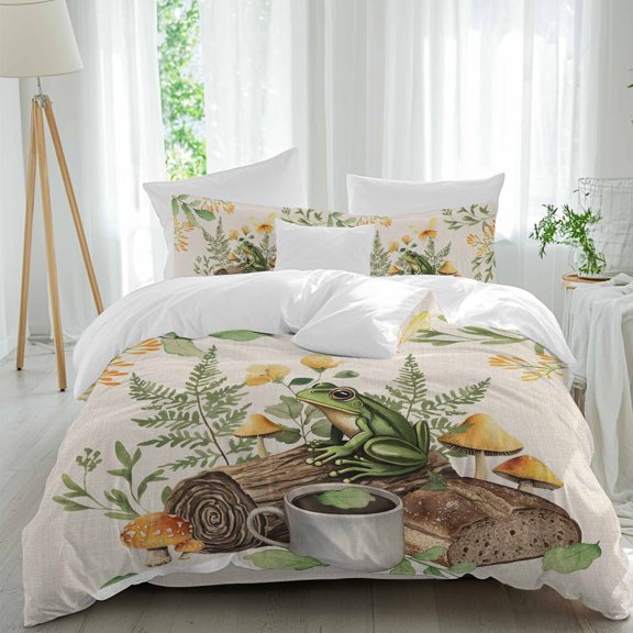 Queen 4 Piece Bedding Set Pastoral Coffee Frog Mushroom Soft Breathable Duvet Cover and Pillowcase,Retro Bread on Linen Duvet Cover Set Washable Bed Sheets for Bedroom Dormitory Guest Room