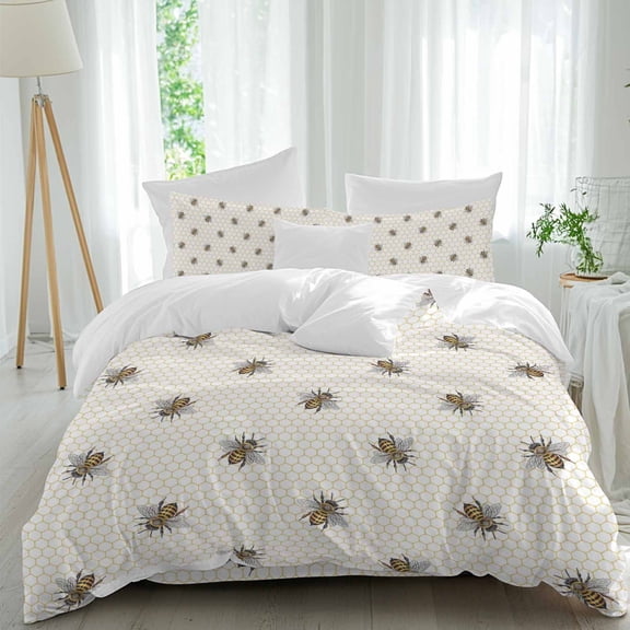 Queen 4 Piece Bedding Set Pastoral Farm Bee Honeycomb Soft Breathable Duvet Cover and Pillowcase,Rustic Abstract Hexagon Duvet Cover Set Washable Bed Sheets for Bedroom Dormitory Guest Room