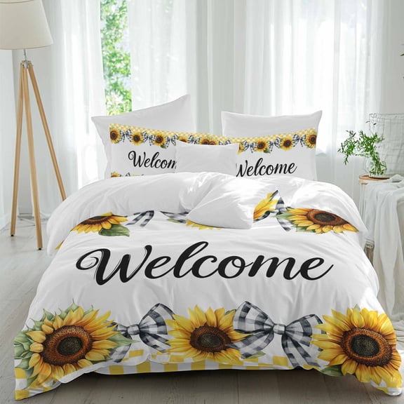Queen 4 Piece Bedding Set Pastoral Sunflower Leaf Yellow Grid Soft Breathable Duvet Cover and Pillowcase,Black White Plaid Bow Duvet Cover Set Washable Bed Sheets for Bedroom Dormitory Guest Room