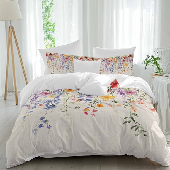 Queen 4 Piece Bedding Set Pastoral Watercolor Flower Leaves Soft Breathable Duvet Cover and Pillowcase, Hanging Floral on Burlap Duvet Cover Set Bed Sheets for Bedroom Dormitory Guest Room