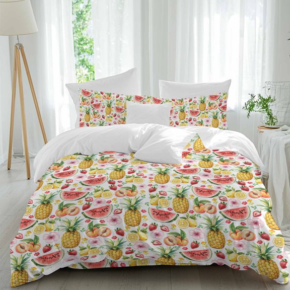Queen 4 Piece Bedding Set Pineapple Lemon Strawberry Watermelon Peach Soft Breathable Duvet Cover and Pillowcase, Summer Fruit Duvet Cover Set Bed Sheets for Bedroom Dormitory Guest Room