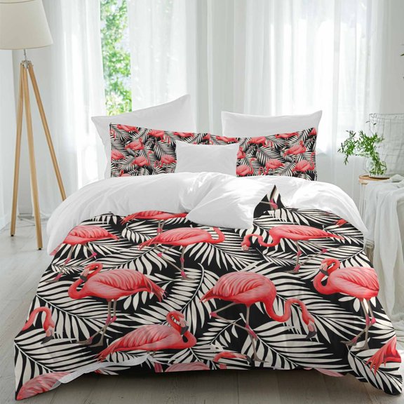 Queen 4 Piece Bedding Set Pink Flamingo White Leaf Soft Breathable Duvet Cover and Pillowcase, Tropical Animal Plant on Black Duvet Cover Set Bed Sheets for Bedroom Dormitory Guest Room