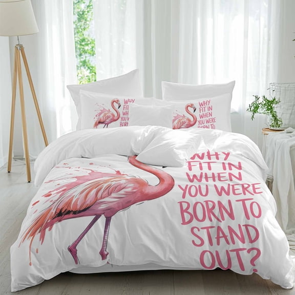 Queen 4 Piece Bedding Set Pink Watercolor Tropical Flamingo Soft Breathable Duvet Cover and Pillowcase,Animal and Quote on White Duvet Cover Set Washable Bed Sheets for Bedroom Dormitory Guest Room
