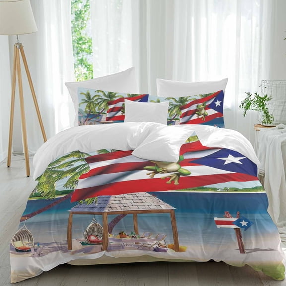 Queen 4 Piece Bedding Set Puerto Rico Flag Frog Coconut Trees Soft Breathable Duvet Cover and Pillowcase,Ocean Beach Duvet Cover Set Washable Bed Sheets for Bedroom Dormitory Guest Room