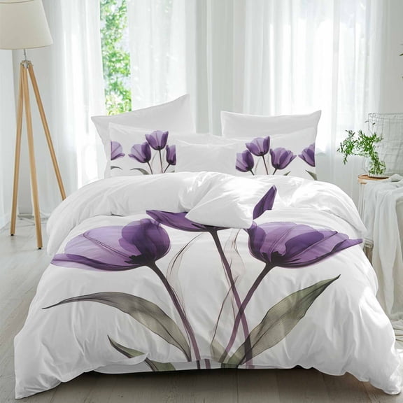 Queen 4 Piece Bedding Set Purple Tulip Green Leaves Soft Breathable Duvet Cover and Pillowcase,Still Life Floral Duvet Cover Set Washable Bed Sheets for Bedroom Dormitory Guest Room