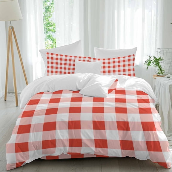 Queen 4 Piece Bedding Set Red Gingham Check Soft Breathable Duvet Cover and Pillowcase,Gradient Buffalo Plaid Duvet Cover Set Washable Bed Sheets for Bedroom Dormitory Guest Room