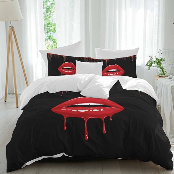 Queen 4 Piece Bedding Set Red Lips Bloody Mouth on Black Soft Breathable Duvet Cover and Pillowcase,Horror Halloween Theme Duvet Cover Set Washable Bed Sheets for Bedroom Dormitory Guest Room