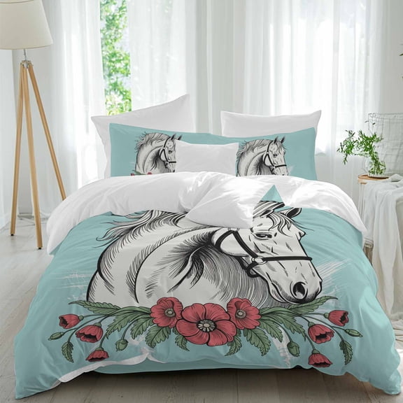 Queen 4 Piece Bedding Set Retro Cartoon White Horses Soft Breathable Duvet Cover and Pillowcase,Red Flowers Green Leaf Duvet Cover Set Washable Bed Sheets for Bedroom Dormitory Guest Room