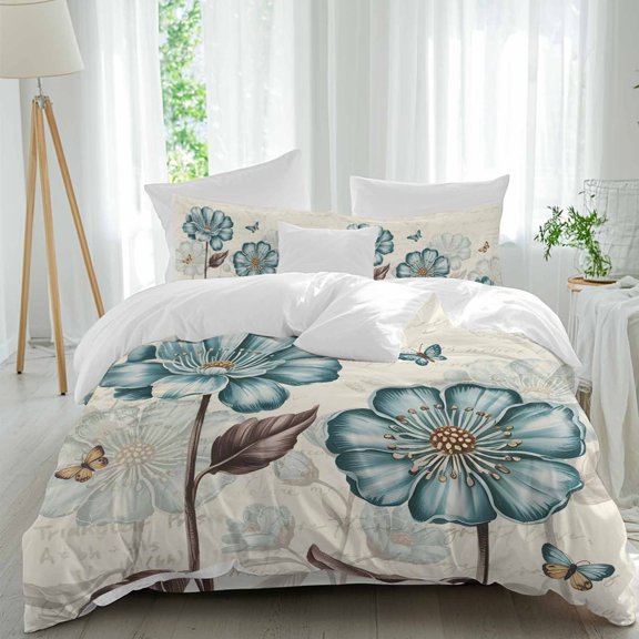 Queen 4 Piece Bedding Set Retro Farm Blue Flowers Butterfly Soft Breathable Duvet Cover and Pillowcase,Country Floral on Letter Duvet Cover Set Washable Bed Sheets for Bedroom Dormitory Guest Room