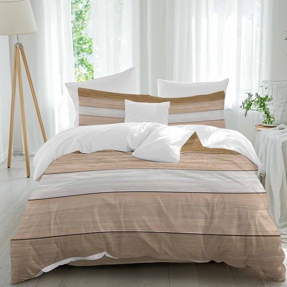 Queen 4 Piece Bedding Set Retro Farm Wood Board Soft Breathable Duvet Cover and Pillowcase,Brown Graduality Striped Duvet Cover Set Washable Bed Sheets for Bedroom Dormitory Guest Room