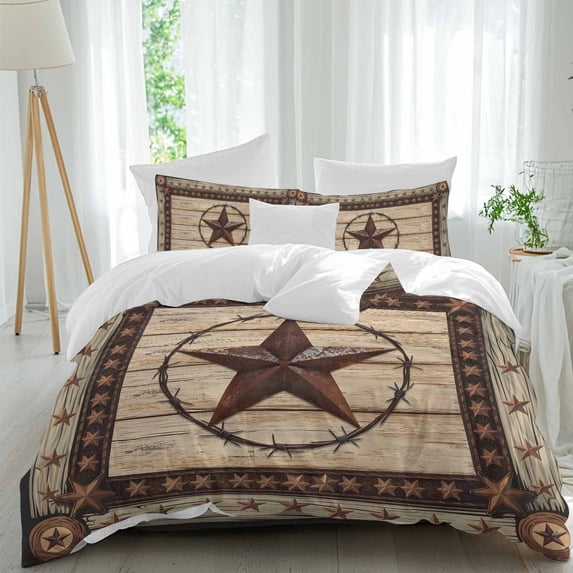 Queen 4 Piece Bedding Set Retro Rustic Texas Country Star Soft Breathable Duvet Cover and Pillowcase, Farmhouse Vintage Wood Barn Duvet Cover Set Bed Sheets for Bedroom Dormitory Guest Room