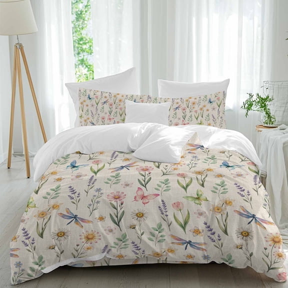 Queen 4 Piece Bedding Set Retro Spring Flower Leaf Linen Soft Breathable Duvet Cover and Pillowcase,Pastoral Butterfly Dragonfly Duvet Cover Set Washable Bed Sheets for Bedroom Dormitory Guest Room
