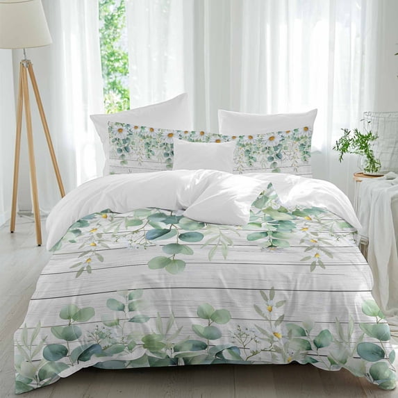 Queen 4 Piece Bedding Set Rustic Daisy Leaves on Wood Grain Soft Breathable Duvet Cover and Pillowcase,Watercolor Eucalyptus Leaf Duvet Cover Set Washable Bed Sheets for Bedroom Dormitory Guest Room