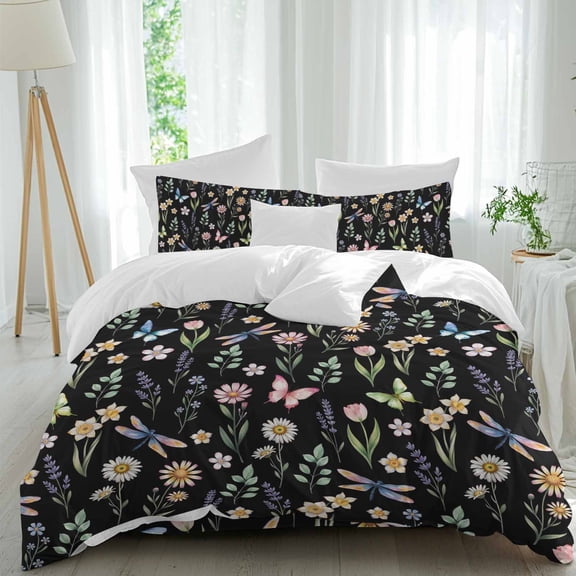 Queen 4 Piece Bedding Set Rustic Flower Leaf Butterfly Dragonfly Soft Breathable Duvet Cover and Pillowcase,Spring Pastoral Black Duvet Cover Set Washable Bed Sheets for Bedroom Dormitory Guest Room