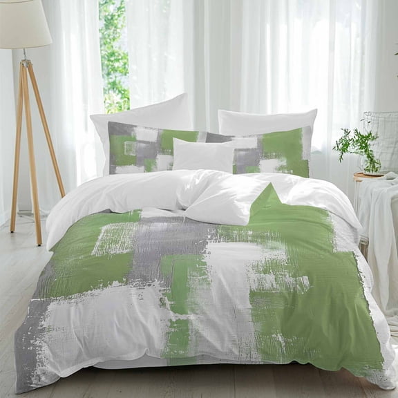Queen 4 Piece Bedding Set Sage Green Gray Graffiti Texture Soft Breathable Duvet Cover and Pillowcase,Modern Abstract Smear Art Duvet Cover Set Washable Bed Sheets for Bedroom Dormitory Guest Room