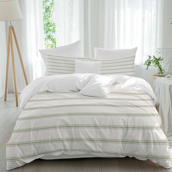 Queen 4 Piece Bedding Set Sage Green Stripe Minimalist Art Soft Breathable Duvet Cover and Pillowcase, Modern Geometric Pinstripes Duvet Cover Set Bed Sheets for Bedroom Dormitory Guest Room