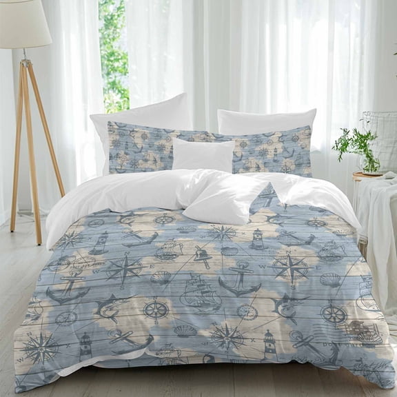 Queen 4 Piece Bedding Set Sailing Compass Anchor Lighthouse Soft Breathable Duvet Cover and Pillowcase, Map Fish on Wood Board Duvet Cover Set Bed Sheets for Bedroom Dormitory Guest Room