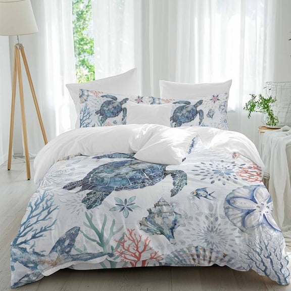 Queen 4 Piece Bedding Set Sea Turtle Blue Ocean Shell Starfish Soft Breathable Duvet Cover and Pillowcase,Coral Marine Life Duvet Cover Set Washable Bed Sheets for Bedroom Dormitory Guest Room