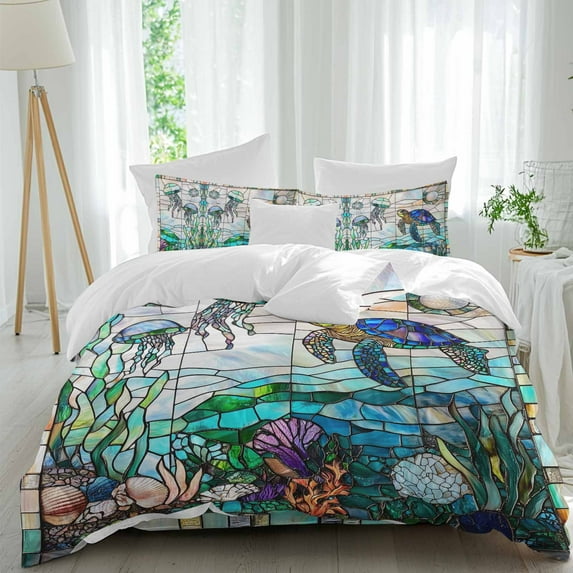 Queen 4 Piece Bedding Set Sea Turtle Jellyfish Summer Ocean Coral Soft Breathable Duvet Cover and Pillowcase,Vintage Window Grilles Art Duvet Cover Set Bed Sheets for Bedroom Dormitory Guest Room