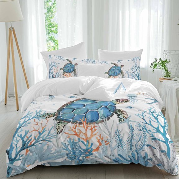 Queen 4 Piece Bedding Set Sea ​​turtle Blue Coral Starfish Soft Breathable Duvet Cover and Pillowcase,Ocean World Marine Life Duvet Cover Set Washable Bed Sheets for Bedroom Dormitory Guest Room