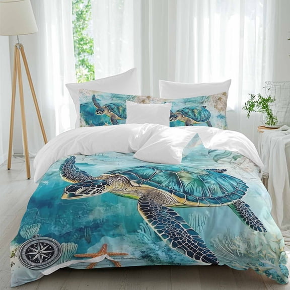 Queen 4 Piece Bedding Set Sea ​​turtle Starfish Compass Soft Breathable Duvet Cover and Pillowcase,Blue Ocean World Duvet Cover Set Washable Bed Sheets for Bedroom Dormitory Guest Room