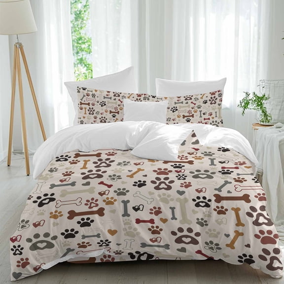 Queen 4 Piece Bedding Set Seamless Dog Paw Bone Texture Soft Breathable Duvet Cover and Pillowcase,Pet Claw Love Heart on Khaki Duvet Cover Set Washable Bed Sheets for Bedroom Dormitory Guest Room