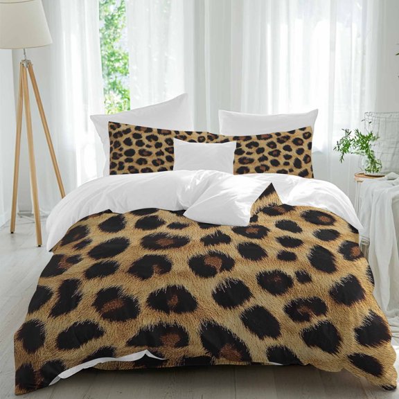 Queen 4 Piece Bedding Set Sexy Leopard Skin Texture Soft Breathable Duvet Cover and Pillowcase, Animal Pattern Vintage Brown Duvet Cover Set Bed Sheets for Bedroom Dormitory Guest Room