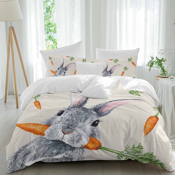 Queen 4 Piece Bedding Set Spring Easter Rabbits Carrots Soft Breathable Duvet Cover and Pillowcase, Retro Gray Bunny Duvet Cover Set Bed Sheets for Bedroom Dormitory Guest Room