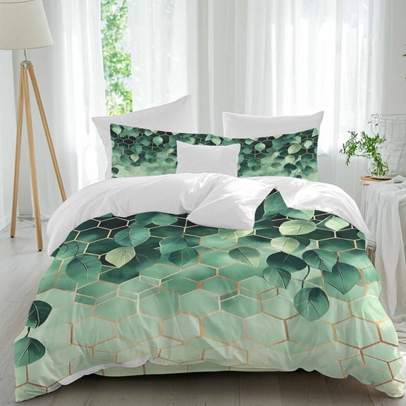 Queen 4 Piece Bedding Set Spring Green Leaves Gold Line Soft Breathable Duvet Cover and Pillowcase,Abstract Color Block Duvet Cover Set Washable Bed Sheets for Bedroom Dormitory Guest Room