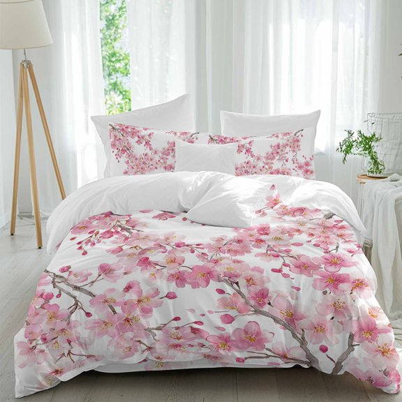 Queen 4 Piece Bedding Set Spring Pink Blossom Peach Soft Breathable Duvet Cover and Pillowcase, Watercolor Flower Tree Branch Duvet Cover Set Bed Sheets for Bedroom Dormitory Guest Room