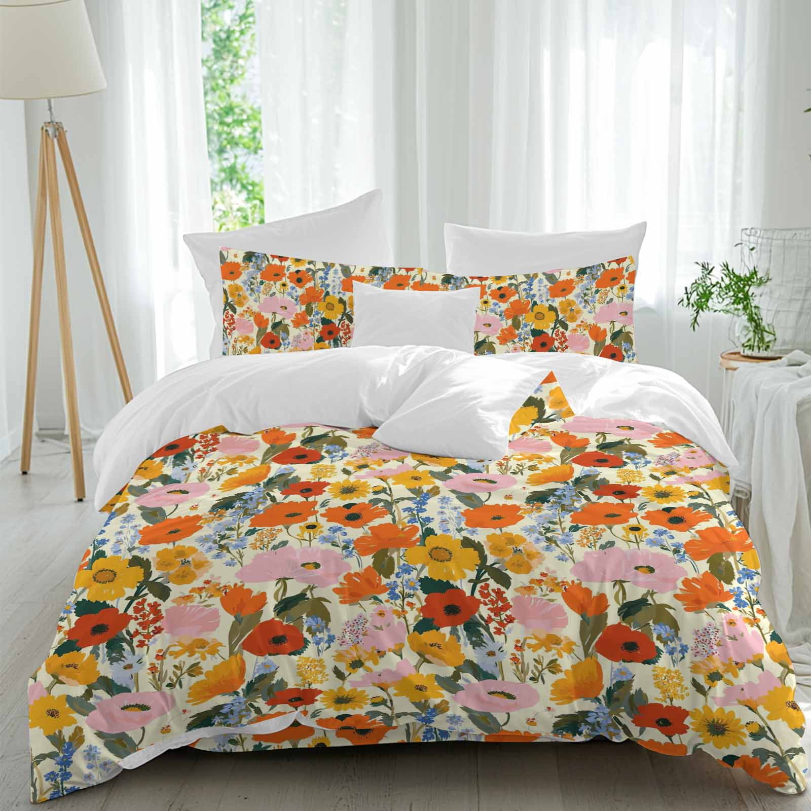 Queen 4 Piece Bedding Set Spring Poppy Daisy Flower Soft Breathable Duvet Cover and Pillowcase, Pastoral Colorful Floral Plant Duvet Cover Set Bed Sheets for Bedroom Dormitory Guest Room