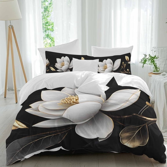 Queen 4 Piece Bedding Set Spring White Floral Flower on Black Soft Breathable Duvet Cover and Pillowcase,Abstract Botanical Duvet Cover Set Washable Bed Sheets for Bedroom Dormitory Guest Room
