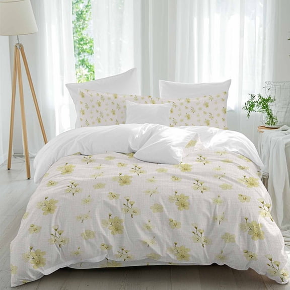 Queen 4 Piece Bedding Set Spring Yellow Cherries Flowers Soft Breathable Duvet Cover and Pillowcase, Vintage Country Floral Art Duvet Cover Set Bed Sheets for Bedroom Dormitory Guest Room