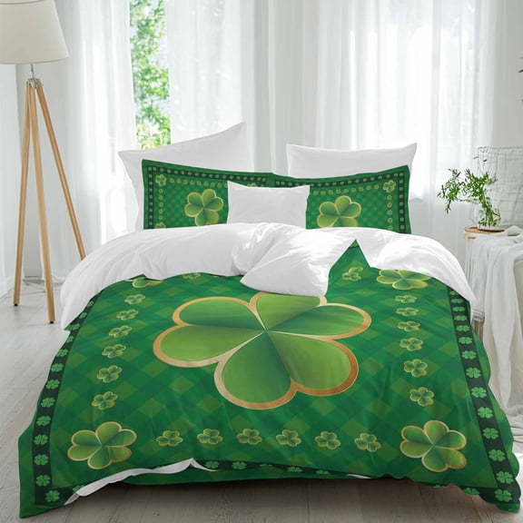 Queen 4 Piece Bedding Set St. Patrick's day Celtic Knots Lucky Green Clover Soft Breathable Duvet Cover and Pillowcase, Buffalo Plaid Duvet Cover Set Bed Sheets for Bedroom Dormitory Guest Room