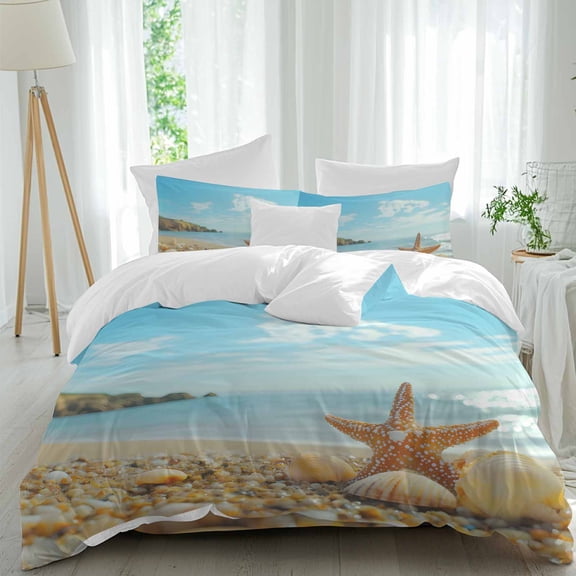 Queen 4 Piece Bedding Set Summer Beach Shell Starfish Soft Breathable Duvet Cover and Pillowcase,Blue Ocean Duvet Cover Set Washable Bed Sheets for Bedroom Dormitory Guest Room