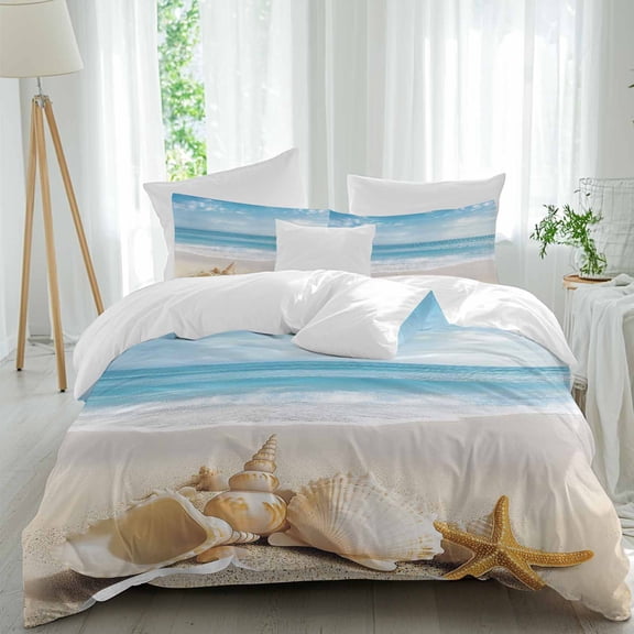 Queen 4 Piece Bedding Set Summer Beach Shells Starfish Soft Breathable Duvet Cover and Pillowcase,Seaside Blue Waves Duvet Cover Set Washable Bed Sheets for Bedroom Dormitory Guest Room