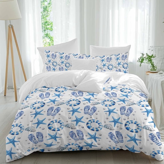 Queen 4 Piece Bedding Set Summer Blue Starfish Swimming Ring Soft Breathable Duvet Cover and Pillowcase,Coastal Beach Duvet Cover Set Washable Bed Sheets for Bedroom Dormitory Guest Room