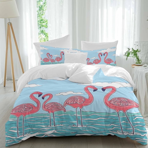 Queen 4 Piece Bedding Set Summer Flamingo Cartoon Style Soft Breathable Duvet Cover and Pillowcase,Blue Ocean Water Ripple Duvet Cover Set Washable Bed Sheets for Bedroom Dormitory Guest Room