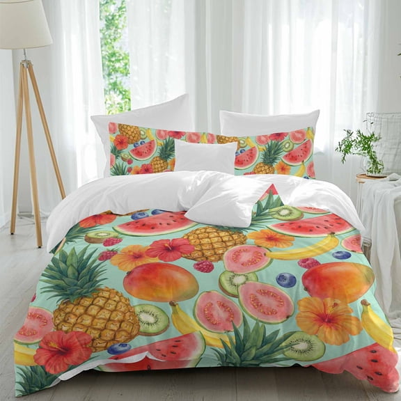 Queen 4 Piece Bedding Set Summer Fruits Watermelon Pineapple Soft Breathable Duvet Cover and Pillowcase, Mango Barley Kiwi Duvet Cover Set Bed Sheets for Bedroom Dormitory Guest Room