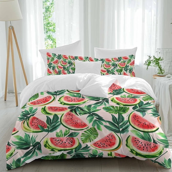 Queen 4 Piece Bedding Set Summer Green Monstera Leaf Watercolor Soft Breathable Duvet Cover and Pillowcase,Watermelon Farm Fruit Duvet Cover Set Washable Bed Sheets for Bedroom Dormitory Guest Room