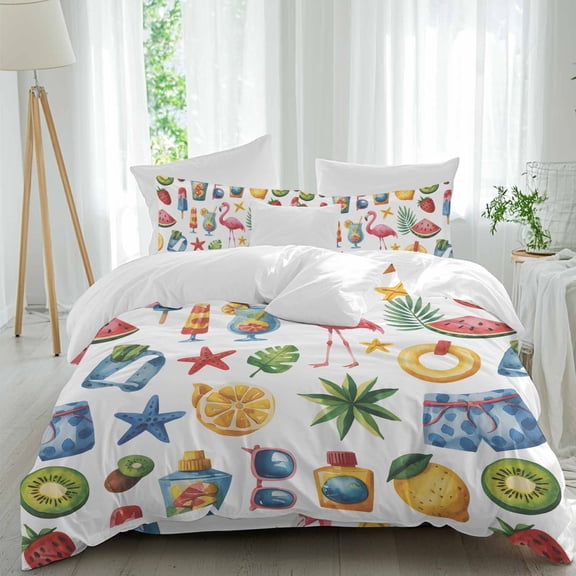 Queen 4 Piece Bedding Set Summer Lemon Pink Flamingo Soft Breathable Duvet Cover and Pillowcase,Watermelon Fruit Beach Vacation Duvet Cover Set Washable Bed Sheets for Bedroom Dormitory Guest Room