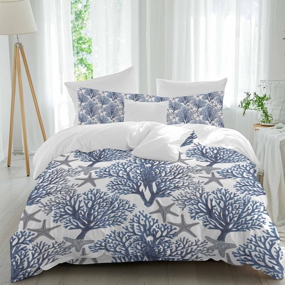 Queen 4 Piece Bedding Set Summer Ocean Blue Coral Starfish Soft Breathable Duvet Cover and Pillowcase, Underwater World Duvet Cover Set Bed Sheets for Bedroom Dormitory Guest Room
