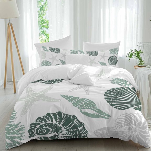 Queen 4 Piece Bedding Set Summer Ocean Green Conch Shell Soft Breathable Duvet Cover and Pillowcase, Abstract Starfish Coral Duvet Cover Set Bed Sheets for Bedroom Dormitory Guest Room