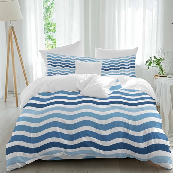 Queen 4 Piece Bedding Set Summer Ocean Navy Blue Gradient Ripple Soft Breathable Duvet Cover and Pillowcase,Abstract Geometric Duvet Cover Set Washable Bed Sheets for Bedroom Dormitory Guest Room