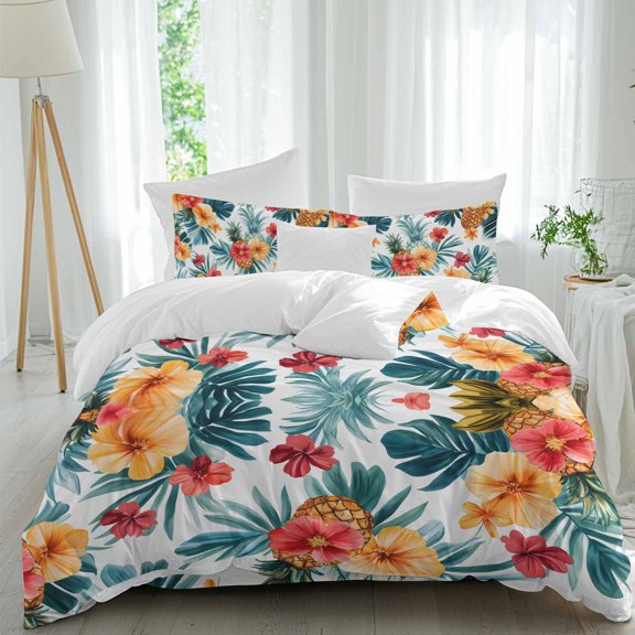 Queen 4 Piece Bedding Set Summer Pineapple Flower Soft Breathable Duvet Cover and Pillowcase, Tropical Palm Leaves Duvet Cover Set Bed Sheets for Bedroom Dormitory Guest Room